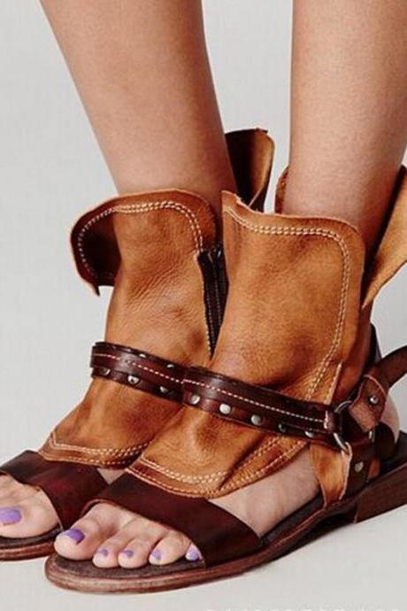 Retro Patchwork Open Toe Cut Out Ankle Boot Flat Beach Sandals