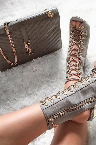 Lace Up Cut Out Side Zipper Stiletto High Heel Ankle Boot Sandals