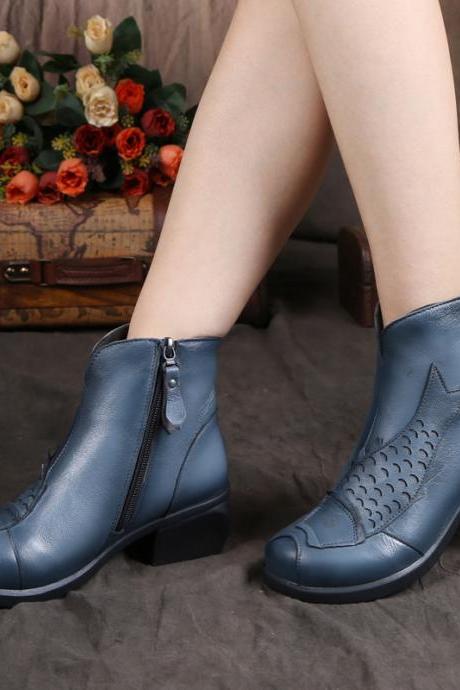 Hand Made Real Leather Side Zipper Low Wedge Heel Ankle Boots