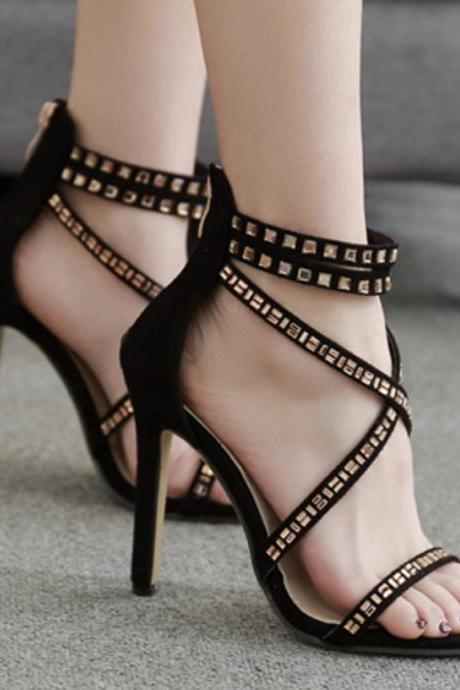 Diamond Strap Cross Simple Ankle Wrap Stiletto High Heel Sandals