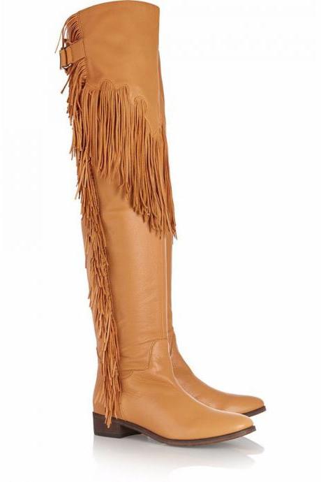 Tassels Belt Buckle Low Chunky Heel Round Toe Over The Knee Length Boots