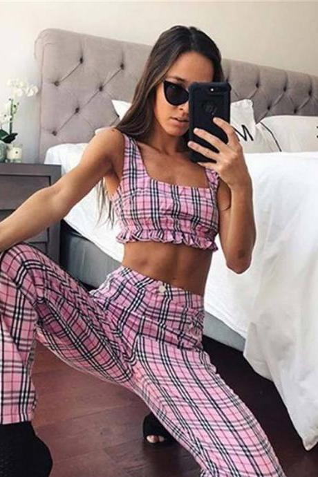 Plaid Falbala Cami Crop Top With High Waist Pencil Long Pants Two Pieces Outfit