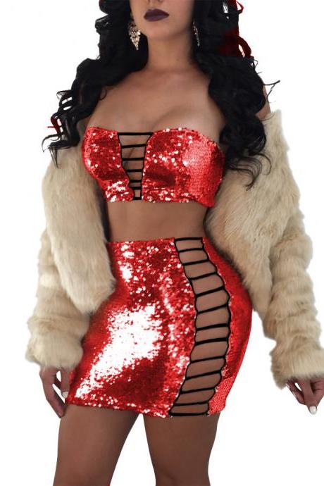 Shinning Sequins Strapless Cami Top Cut Out Short Skirt Two Pieces Dress Outfits
