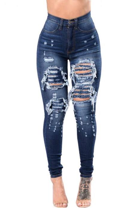 Cut Out Ruffles Holes Packets High Waist Slim Long Denim Jeans Pants