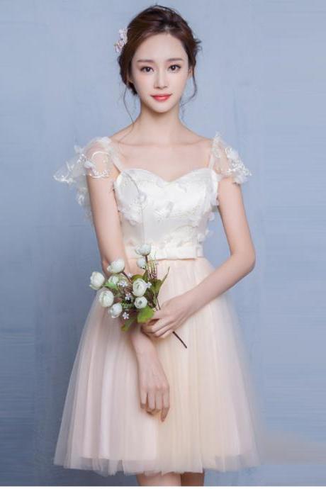 Transparent Short Sleeves Flowers Tulle Empire Short Party Bridesmaid Dress