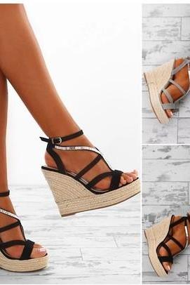 Women Wedge Sandals Simple Style Straps Slope Heel Pure Color Peep-toe Ankle Strap（sh20180718005）