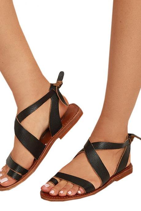 Thong Casual Straps Simple Style Ankle Wrap Lace Up Flat Women Flat Sandals