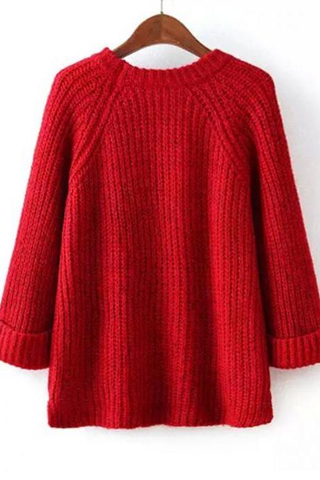 Crew Neck Solid Color Loose Irregular Women Pullover Sweater