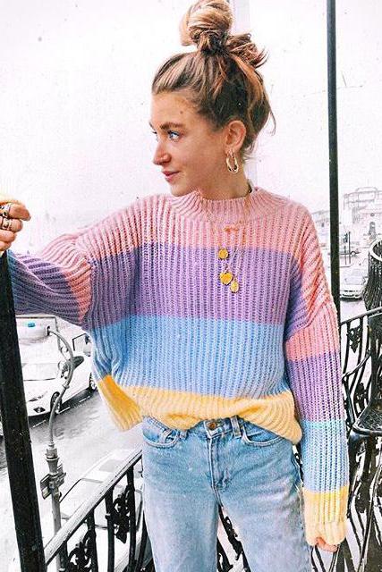 Color Block Patchwork Stripes Loose Pullover Sweater