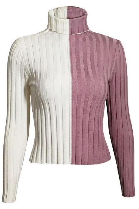 Turtleneck Color Block Patchwork Slim Women Pullover Cropped Sweater