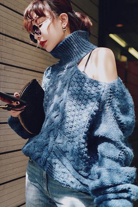 Bare Shoulder Cable Knit Turtleneck Loose Women Pullover Sweater
