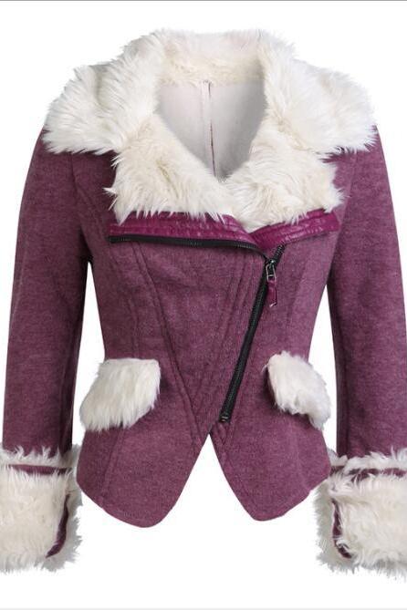 Faux Fur Decorate Oblique Zipper Women Slim Irregular Short Jacket