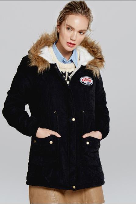 Faux Fur Collar Pockets Drawstring Women Slim Oversized Parka Jacket Coat