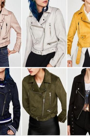 Solid Color Lapel Zipper Women Slim Cropped Short Jacket