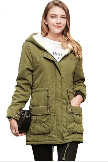 Solid Color Pockets Drawstring Women Warm Hooded Winter Oversized Coat