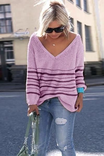 V-neck Striped Loose Women Casual Sweater
