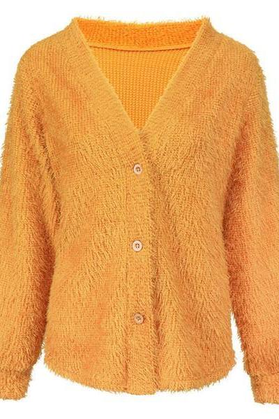 V-Neck Fuzzy Cropped Casual Women Sweater