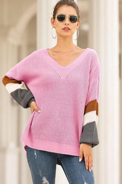 V-Neck Lantern Sleeve Striped Women Sweater