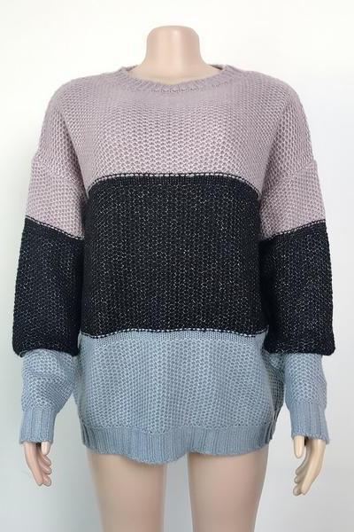 Round Neck Stripe Loose Long Sleeve Women Sweater