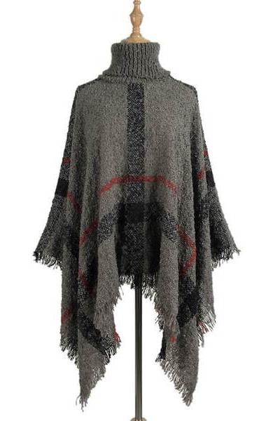 Mid-Long Tassel Shawl Oversized Turtleneck Women Sweater