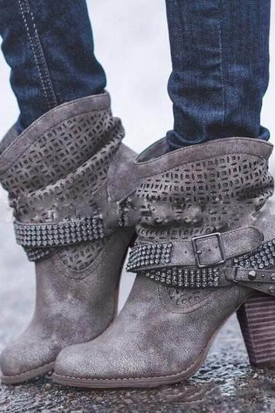 Chunky Heel Sequins Ankle Boots