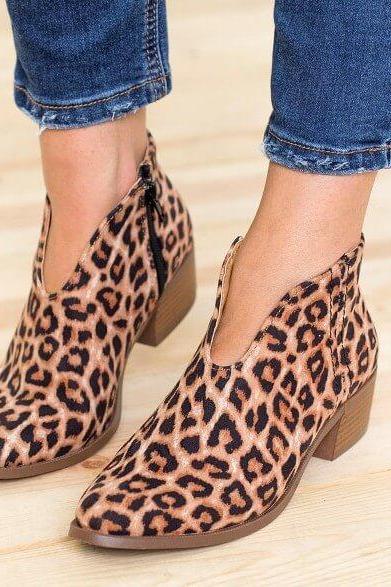 Chunky Heel Leopard Ankle Boots