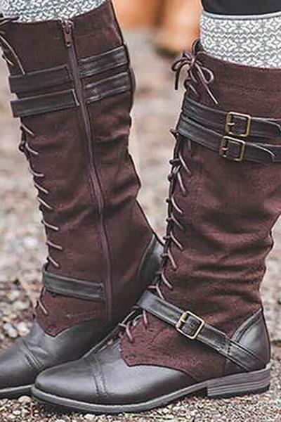 Mid Calf Lace-up Buckled Flat Retro Boots