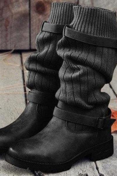 Knitted Mid Calf Buckled Sweet Boots