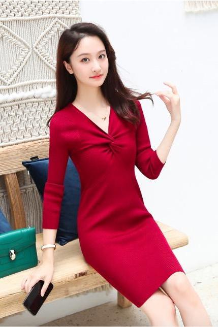 Sexy V-neck long bright silk Pullover Sweater Dress(Q2020457)