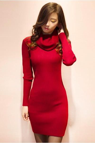 Sexy High Neck long bright silk Pullover Sweater Bodycon Dress(Q2020461)