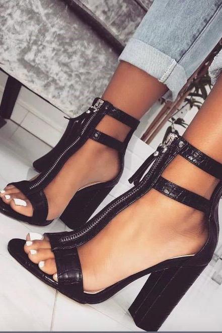 PU ANKLE WRAPS OPEN TOE HIGH CHUNKY HEELS SANDALS