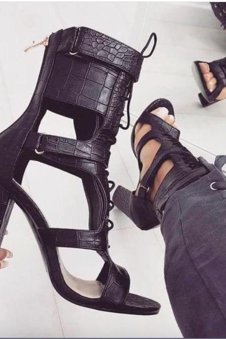 LACE UP ANKLE WRAPS OPEN TOE HIGH CHUNKY HEELS SANDALS