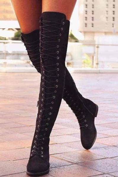 SUEDE LOW CHUNKY HEEL LACE UP SIDE ZIPPER OVER THE KNEE BOOTS