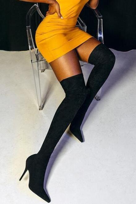  BLACK HIGH HEEL POINTED TOE SOCK OVER KNEE BOOTS