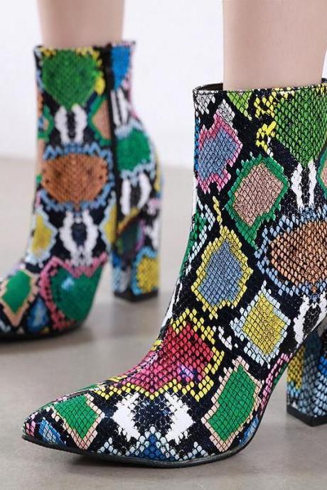 LEATHER COLORFUL SNAKESKIN POINTED TOE HIGH HEEL CALF BOOTS