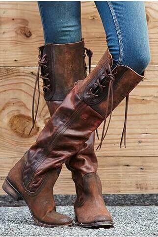 LEATHER LACE UP LOW HEEL KNEE HIGH BOOTS