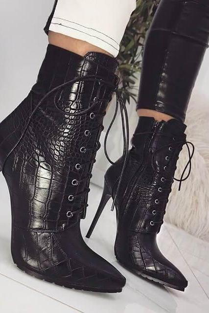 Black Lace Up High Heel Pointed Calf Boots(sh19110609)