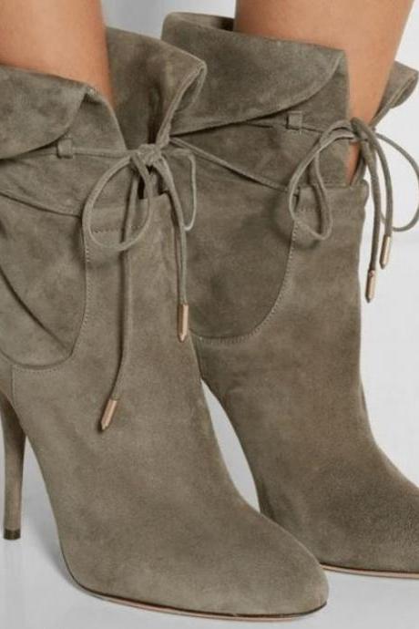 LACE UP HIGH HEEL SUEDE POINTED TOE CALF BOOTS