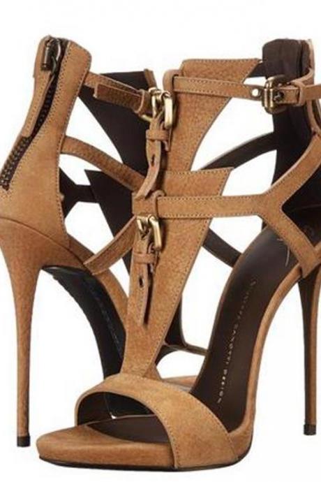 BROWN LEATHER BUCKLE CUTOUT ROUND TOE SANDALS