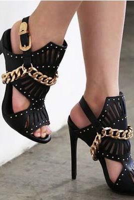Black Chain High Heel Peep Toe Sandals