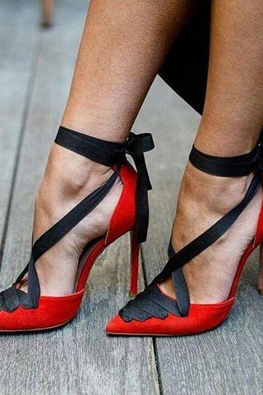Straps Bow Pointed Toe Lace-up Low Cut Stiletto High Heels