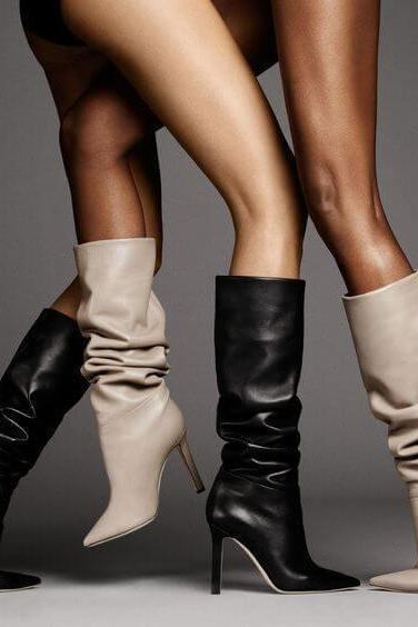 Leather High Heel Pointed Toe Knee High Boots