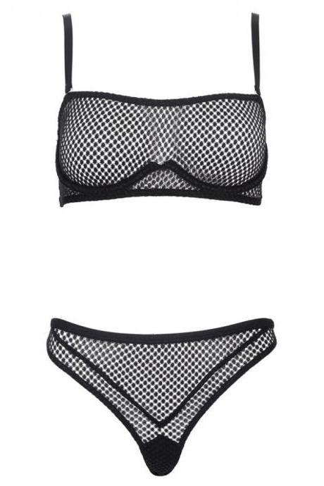 Sexy Bra Set Women Mesh Transparent Push Up Banage Lingerie Bralette Wire Halter Bras Seamless Thong Panties Underwear