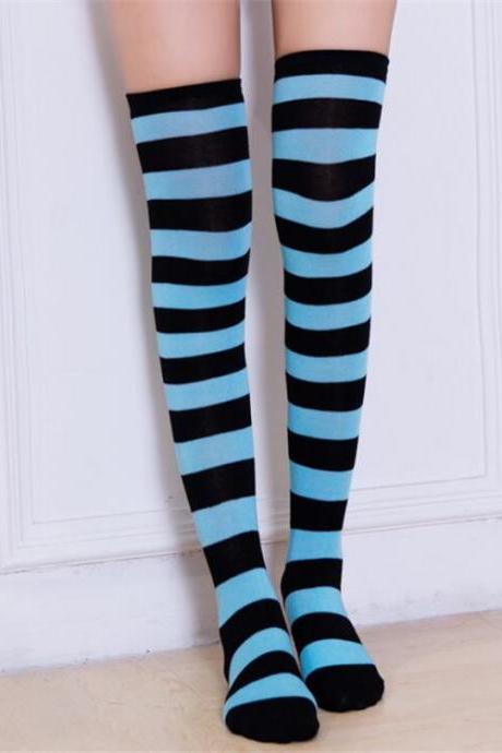 CUHAKCI STOCKINGS Women Girls Cotton Long Striped Thigh High Stocking Anime strip zebra Cosplay Tights Over Knee Socks 1 Pair-Black+Light Blue