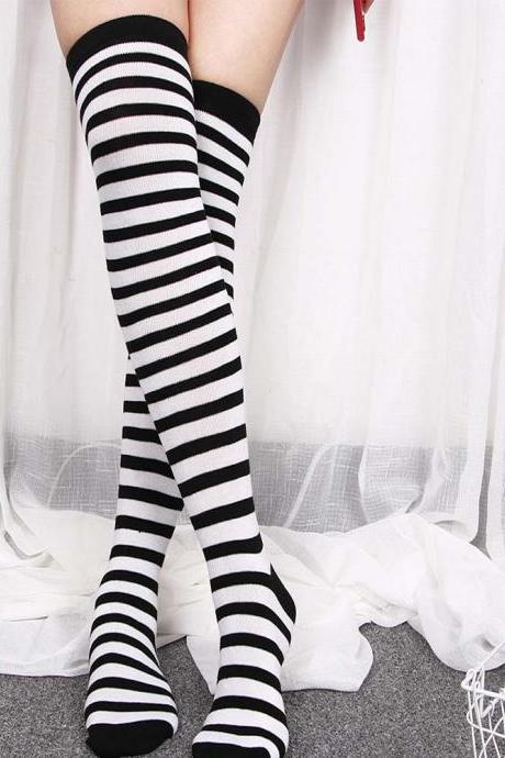 Black White Striped Long Stocking Women Warm Cotton Over The Knee Socks Sexy Thigh High Stockings Autumn Winter 1 Pair