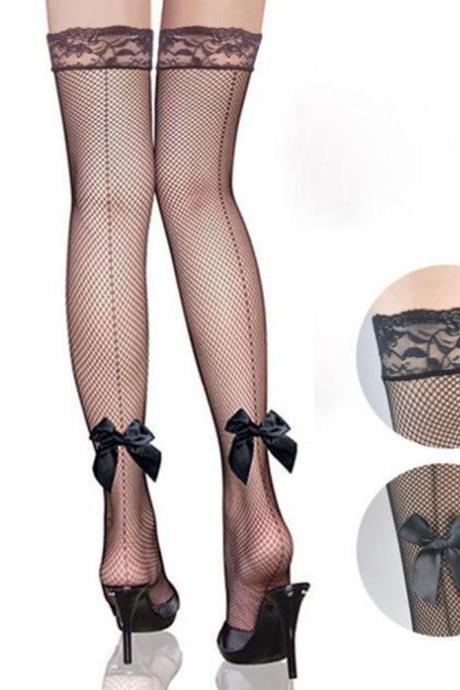 Women Sexy Bow Knot Fishnet Stockings Sheer Straps Lace Mesh Thigh High Knee High Stockings Fashion Over The Knee Socks
