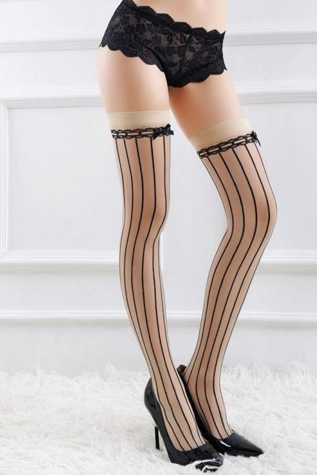 Sexy Stocking Lace Bowknot Stripe Thigh High Stockings Over The Knee Socks Female Sexy Costumes Pantyhose Plus Size