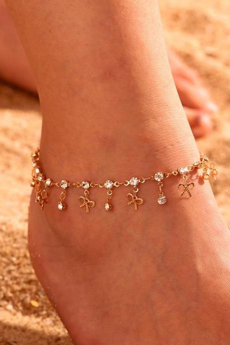 New jewelry fashion bow inlaid zircon pendant alloy beach anklet bracelet female simple round drop leg chain girl holiday gift