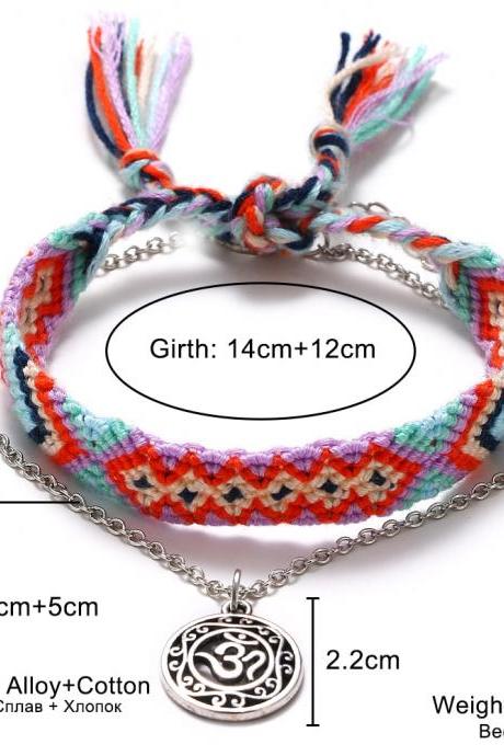 Vintage OM Rune Weave Anklets For Women 2018 New Handmade Cotton Anklet Bracelets Female Beach Foot Jewelry Gifts 2 PCS/Set