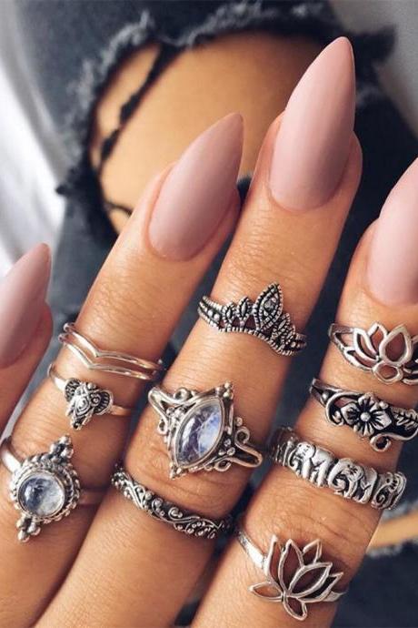 10 Pieces Women's Fashion Rings Combination Lotus Shape Ring Set